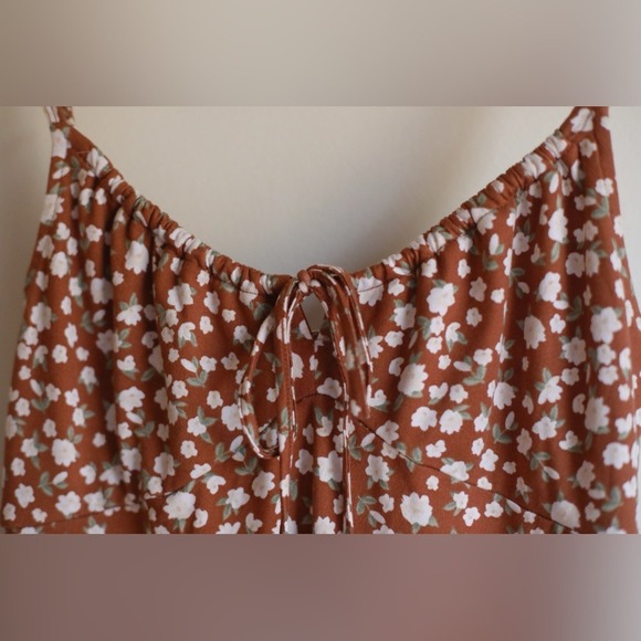 Hollister Floral A-Line Midi Dress Brown White Scoop Neck  Tie XS Cottagecore - Picture 5 of 8